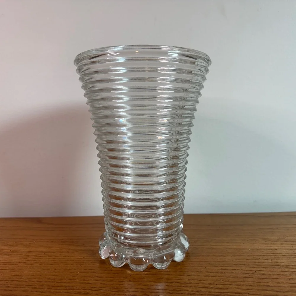 Clear Glass Vase Ribbed Design Bulbous Bottom‎ Vintage Flower Holder Decor